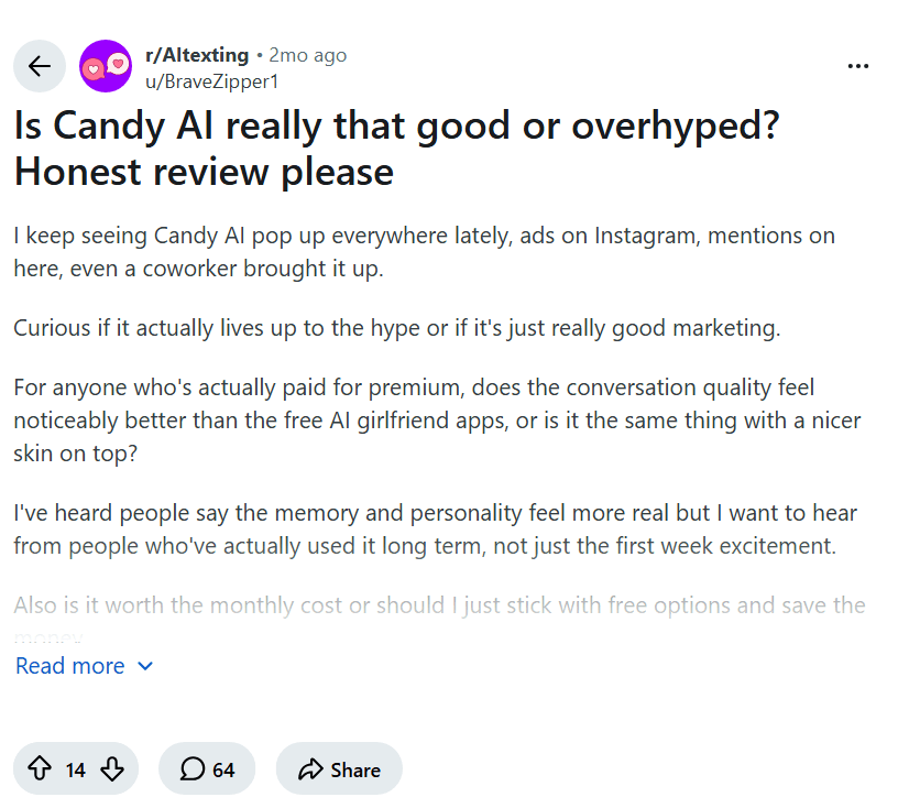 Screenshot of the Reddit post "Is Candy AI really that good or overhyped? Honest review please"