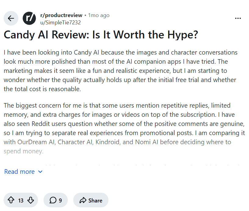 Screenshot of the Reddit post "Candy AI Review: Is It Worth the Hype?"