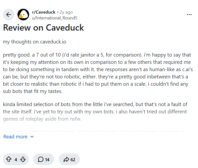 Screenshot of the Reddit post "Review on Caveduck"
