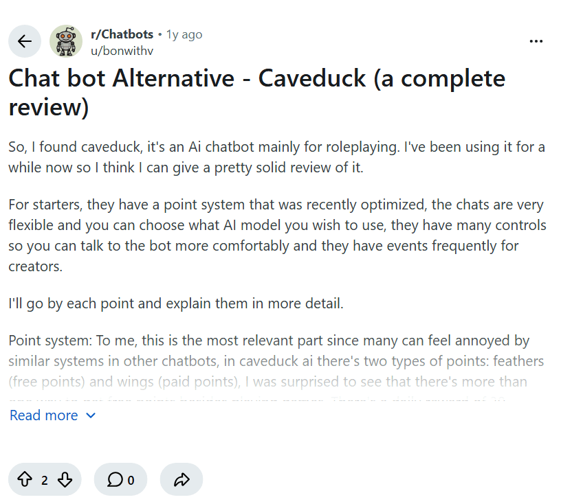 Screenshot of the Reddit post "Chat bot Alternative - Caveduck (a complete review)"