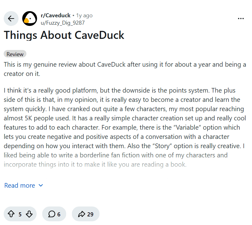 Screenshot of the Reddit post "Things About CaveDuck"