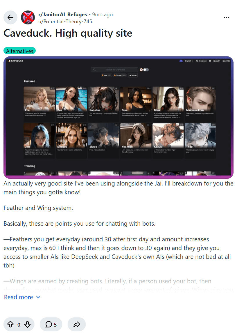 Screenshot of the Reddit post "Caveduck. High quality site"