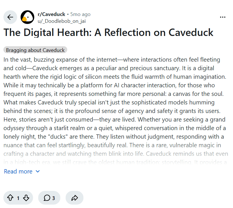 Screenshot of the Reddit post "The Digital Hearth: A Reflection on Caveduck"