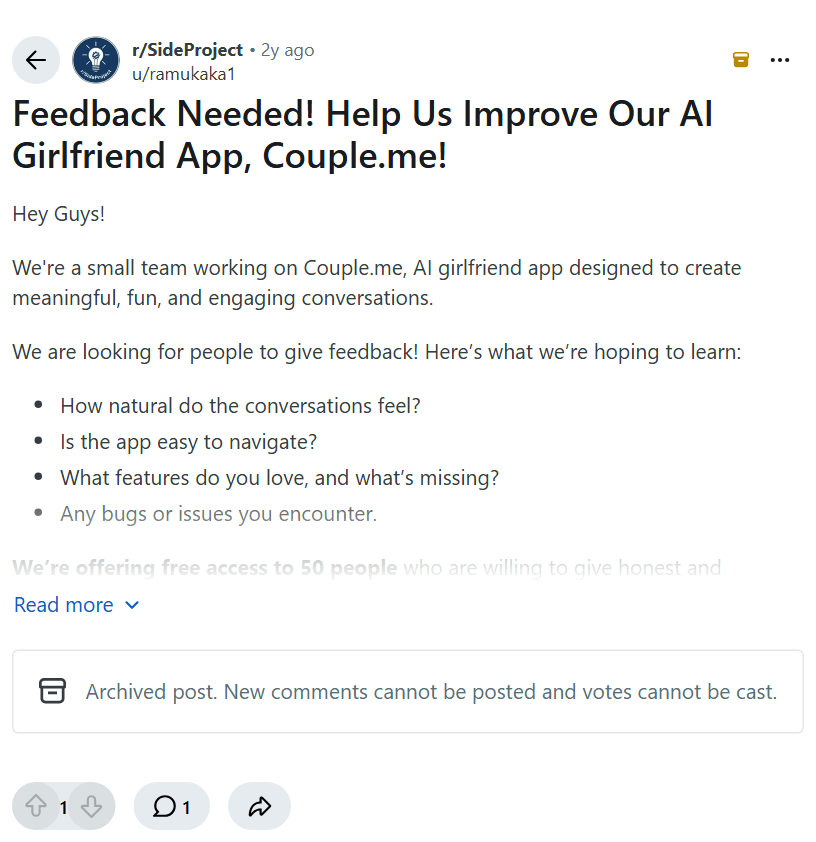 Screenshot of the Reddit post "Feedback Needed! Help Us Improve Our AI Girlfriend App, Couple.me!"