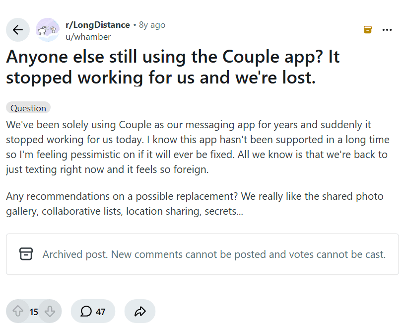 Screenshot of the Reddit post "Anyone else still using the Couple app? It stopped working for us and we're lost."