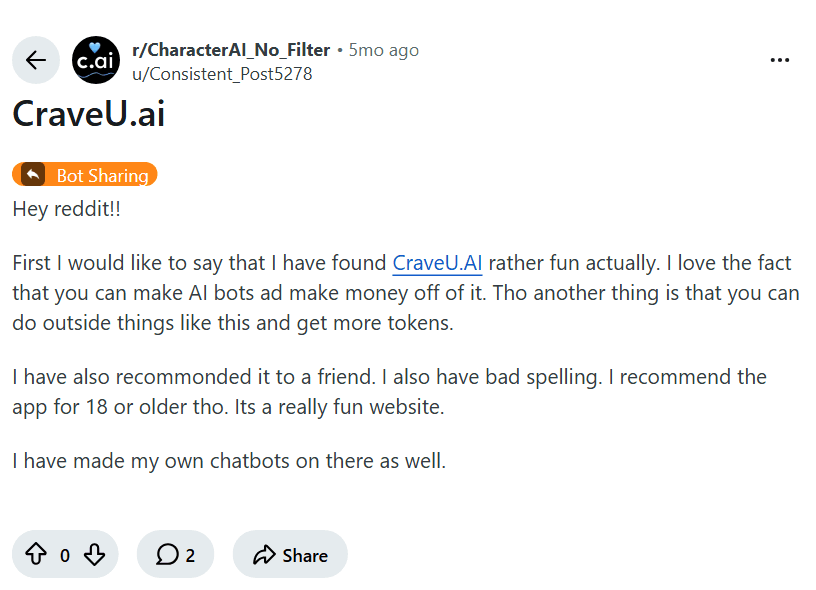 Screenshot of the Reddit post "CraveU.ai"
