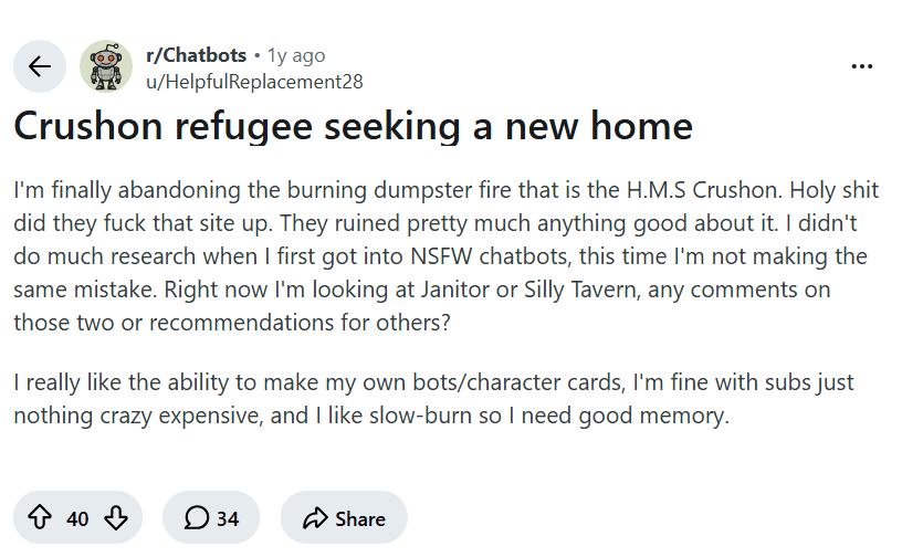 Screenshot of the Reddit post "Crushon refugee seeking a new home"