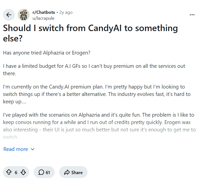 Screenshot of the Reddit post "Should I switch from CandyAI to something else?"