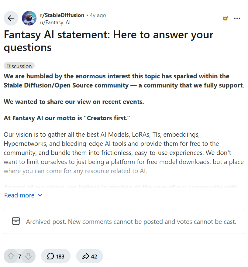 Screenshot of the Reddit post "Fantasy AI statement: Here to answer your questions"