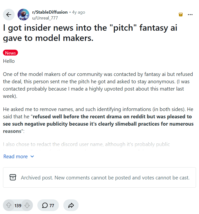 Screenshot of the Reddit post "I got insider news into the "pitch" fantasy ai gave to model makers."