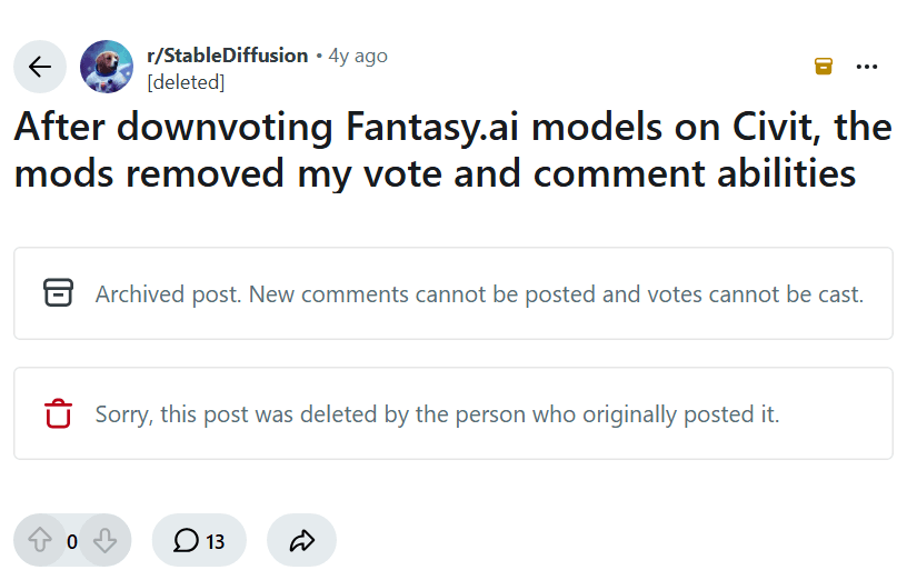 Screenshot of the Reddit post "After downvoting Fantasy.ai models on Civit, the mods removed my vote and comment abilities"