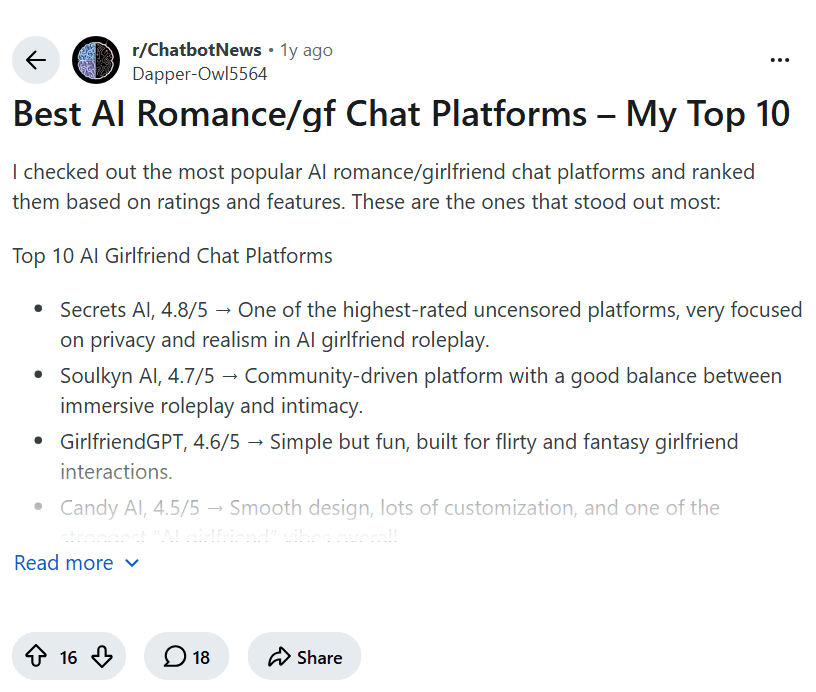 Screenshot of the Reddit post "Best AI Romance/gf Chat Platforms – My Top 10"