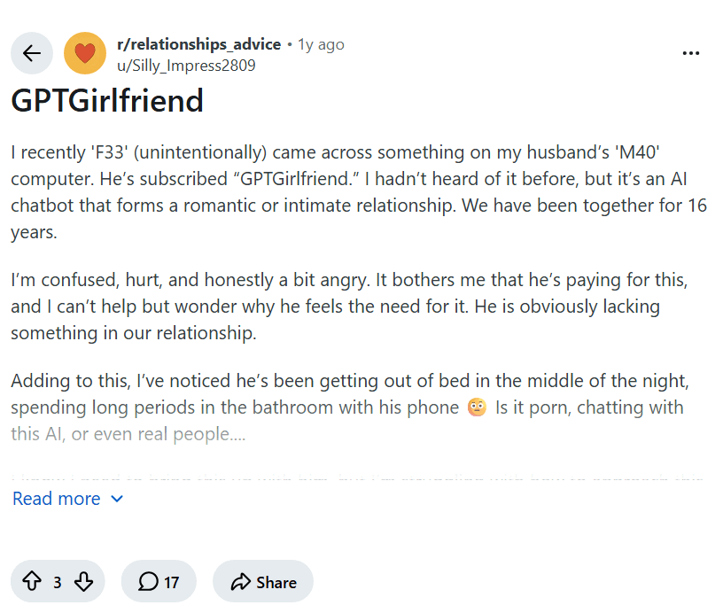 Screenshot of the Reddit post "GPTGirlfriend"