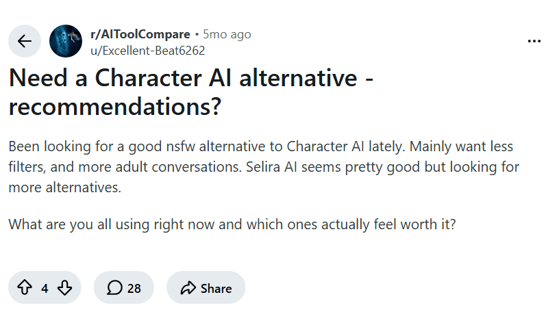 Screenshot of the Reddit post "Need a Character AI alternative - recommendations?"