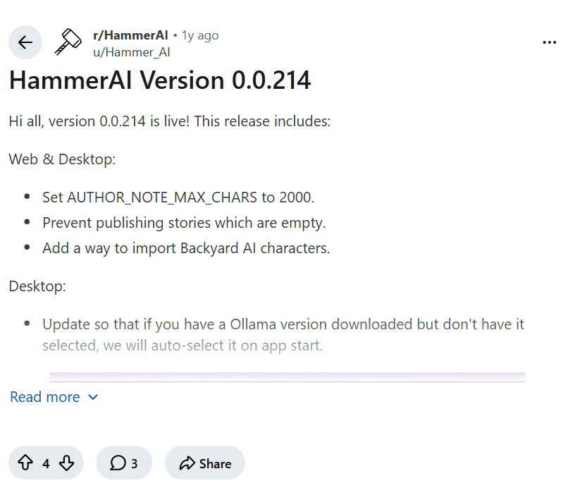 Screenshot of the Reddit post "HammerAI Version 0.0.214"
