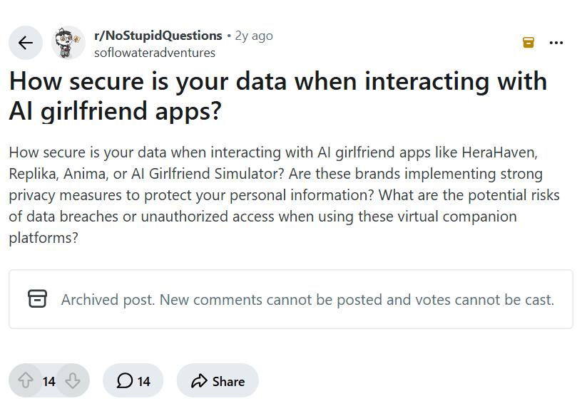 Screenshot of the Reddit post "How secure is your data when interacting with AI girlfriend apps?"
