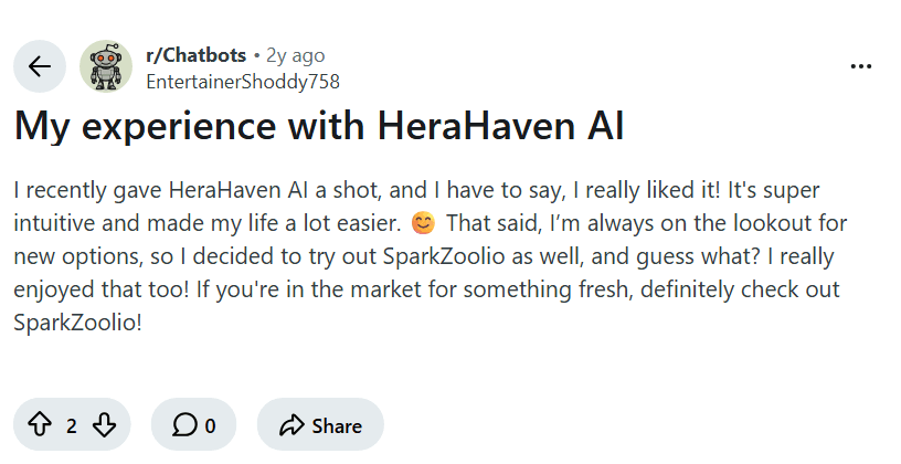 Screenshot of the Reddit post "My experience with HeraHaven AI"