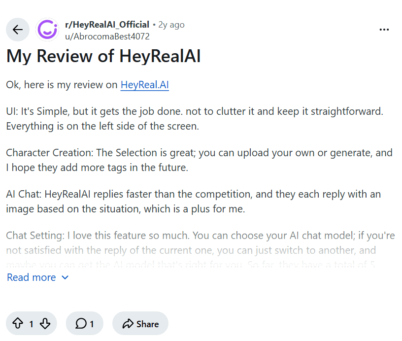 Screenshot of the Reddit post "My Review of HeyRealAI"