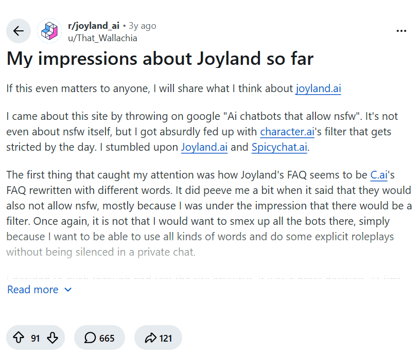 Screenshot of the Reddit post "My impressions about Joyland so far"