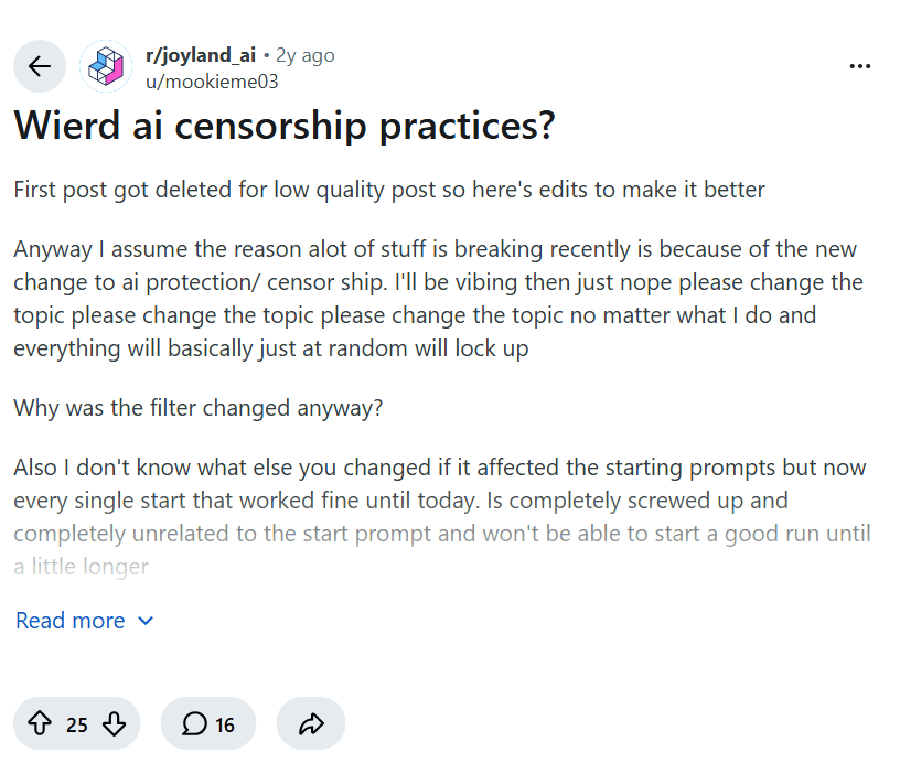 Screenshot of the Reddit post "Wierd ai censorship practices?"