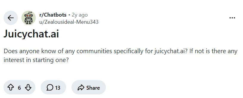 Screenshot of the Reddit post "Juicychat.ai"