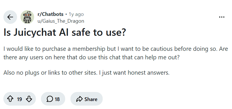 Screenshot of the Reddit post "Is Juicychat AI safe to use?"