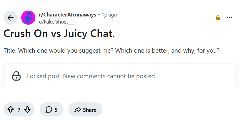 Screenshot of the Reddit post "Crush On vs Juicy Chat."