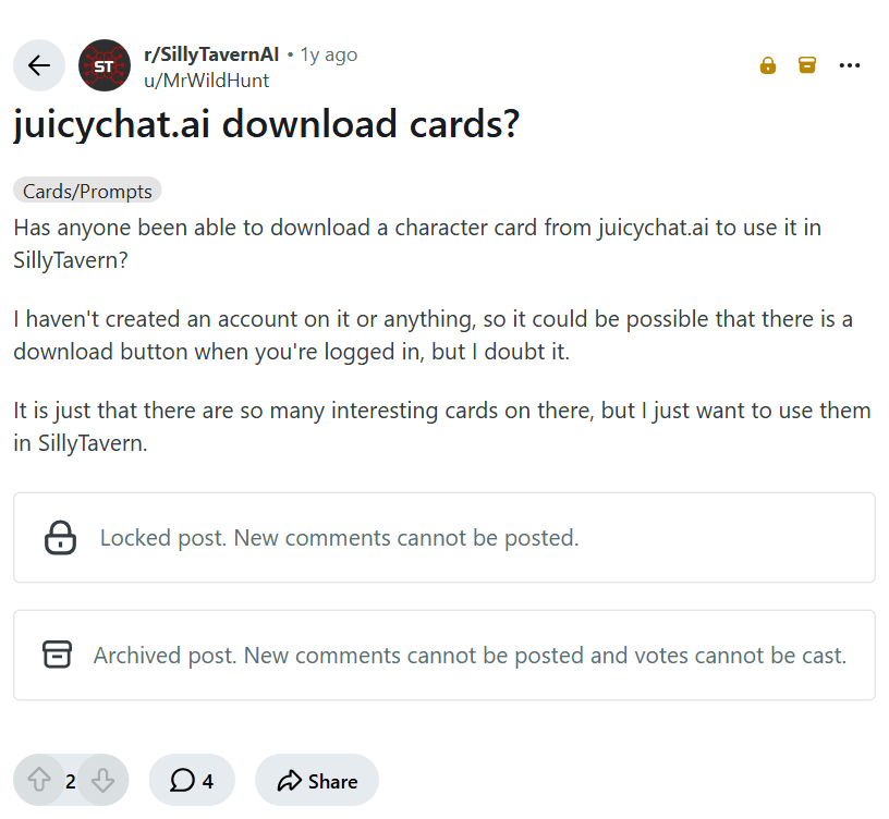 Screenshot of the Reddit post "juicychat.ai download cards?"