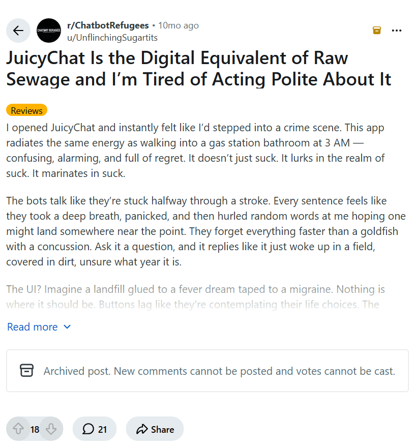 Screenshot of the Reddit post "JuicyChat Is the Digital Equivalent of Raw Sewage and I’m Tired of Acting Polite About It"