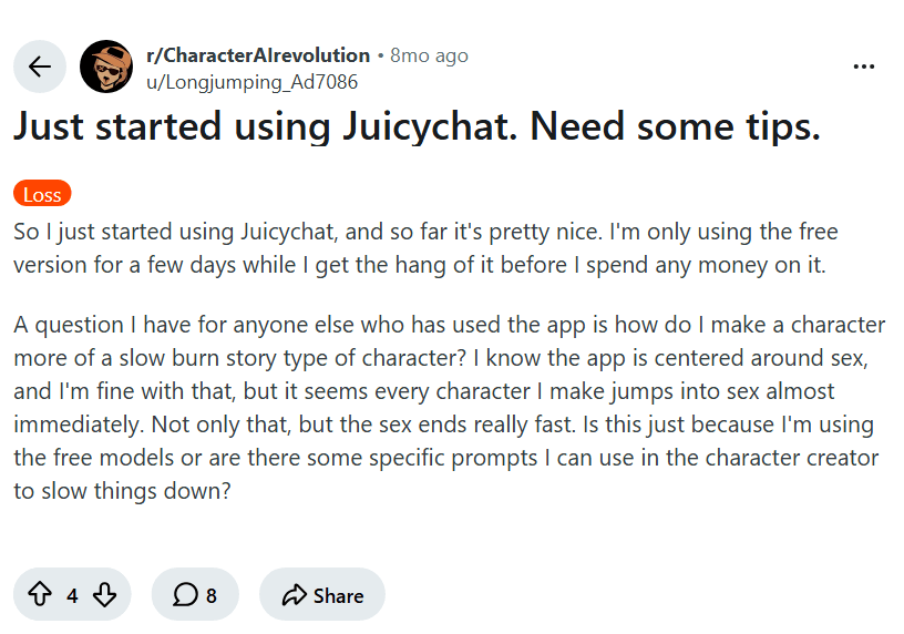Screenshot of the Reddit post "Just started using Juicychat. Need some tips."