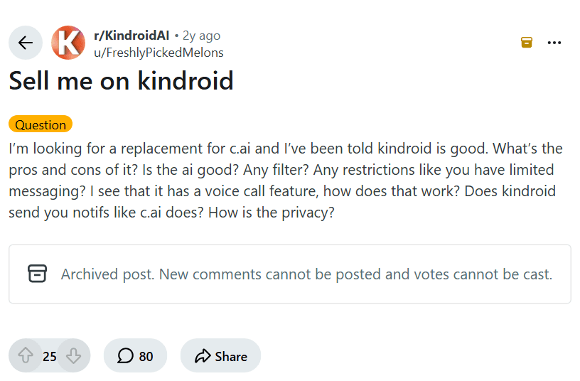 Screenshot of the Reddit post "Sell me on kindroid"