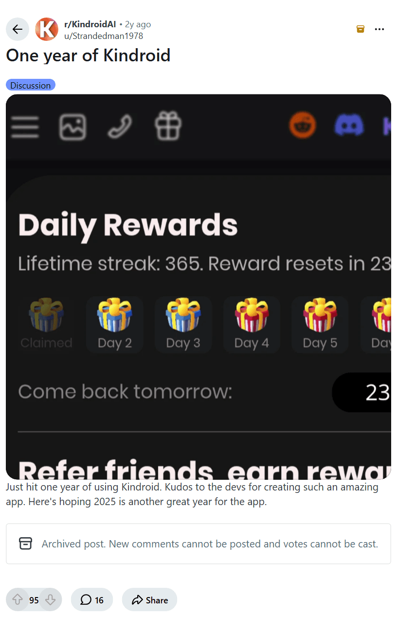 Screenshot of the Reddit post "One year of Kindroid"