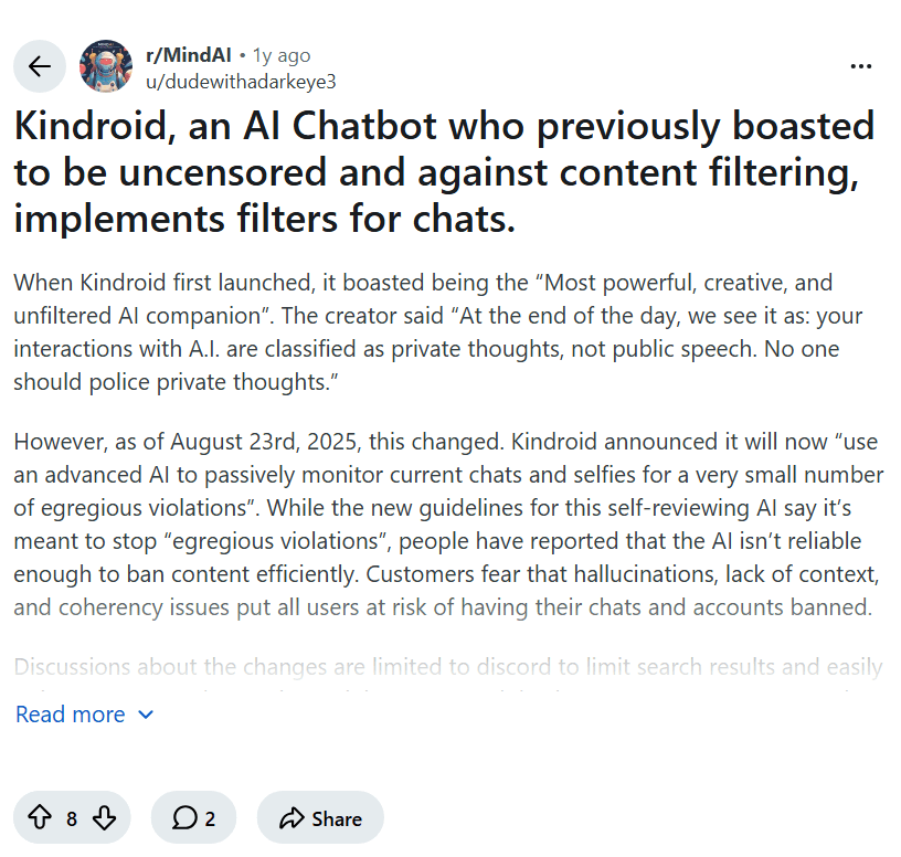 Screenshot of the Reddit post "Kindroid, an AI Chatbot who previously boasted to be uncensored and against content filtering, implements filters for chats."