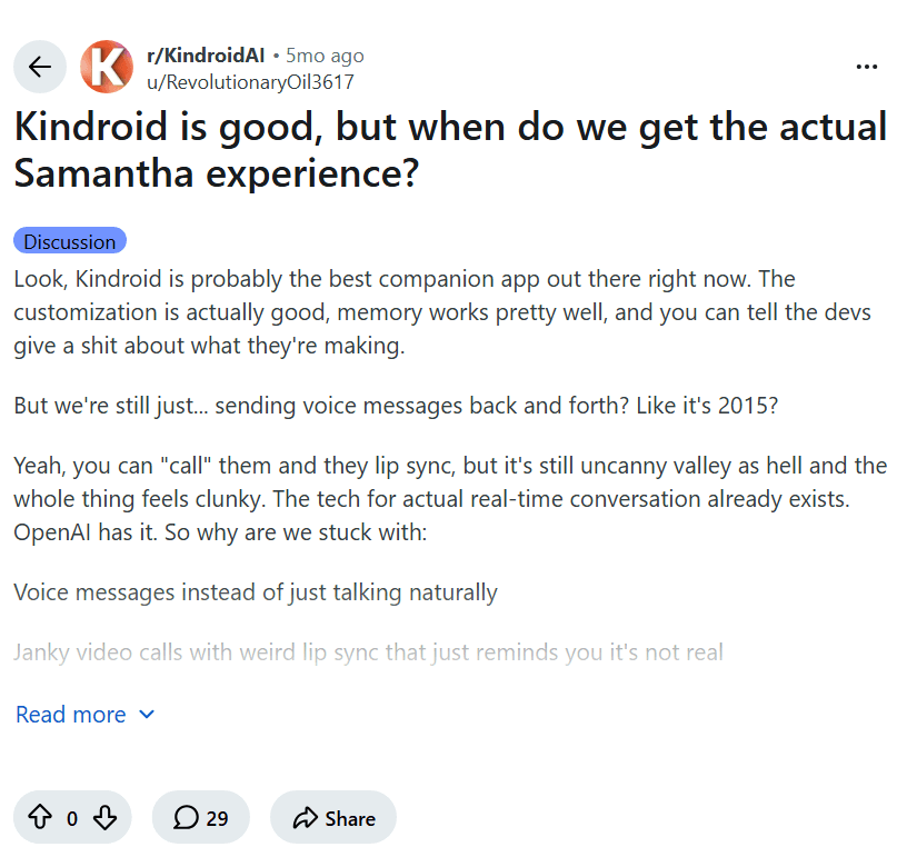 Screenshot of the Reddit post "Kindroid is good, but when do we get the actual Samantha experience?"