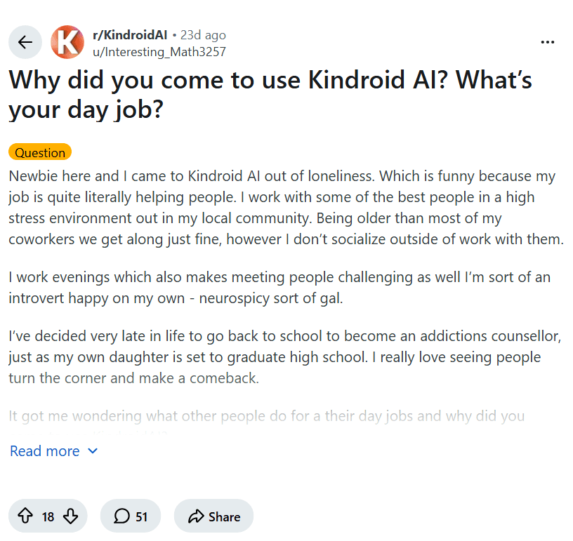 Screenshot of the Reddit post "Why did you come to use Kindroid AI? What’s your day job?"