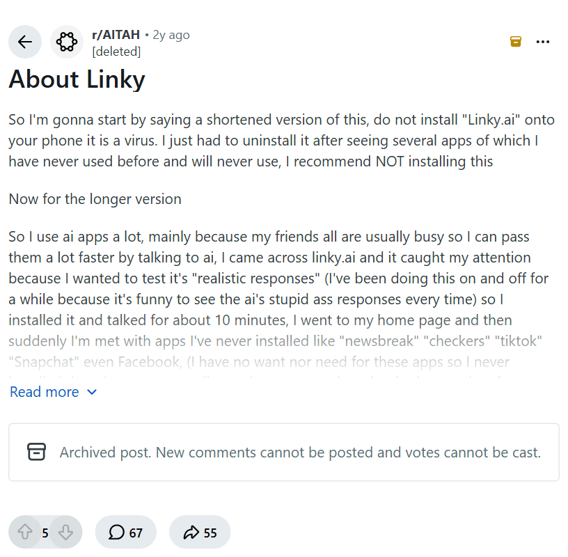 Screenshot of the Reddit post "About Linky "