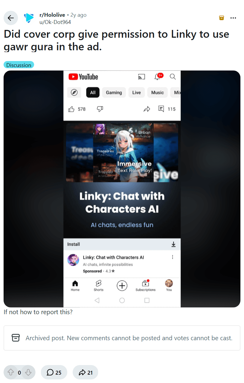 Screenshot of the Reddit post "Did cover corp give permission to Linky to use gawr gura in the ad. "