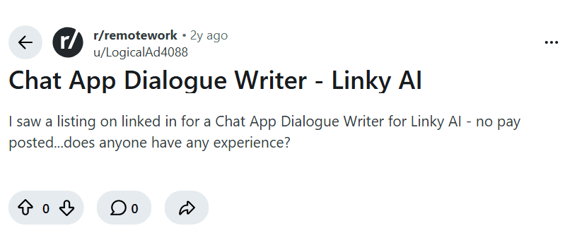 Screenshot of the Reddit post "Chat App Dialogue Writer - Linky AI"