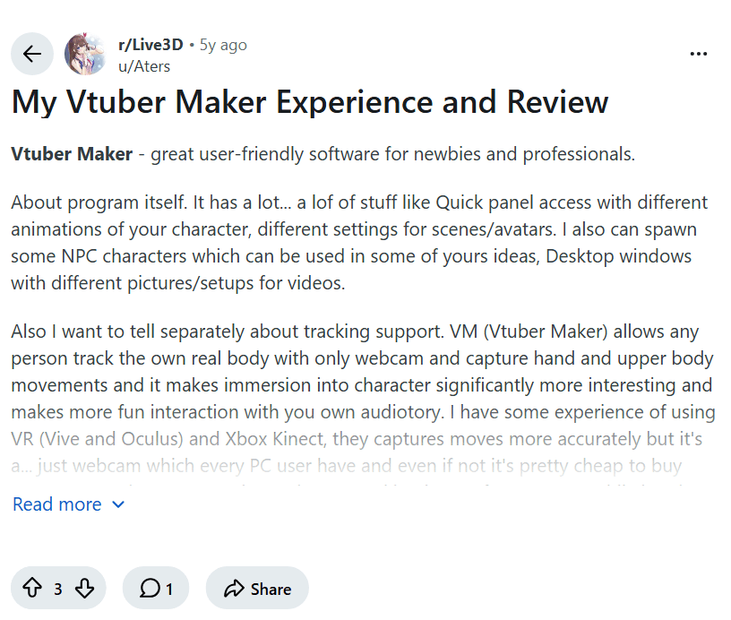 Screenshot of the Reddit post "My Vtuber Maker Experience and Review"