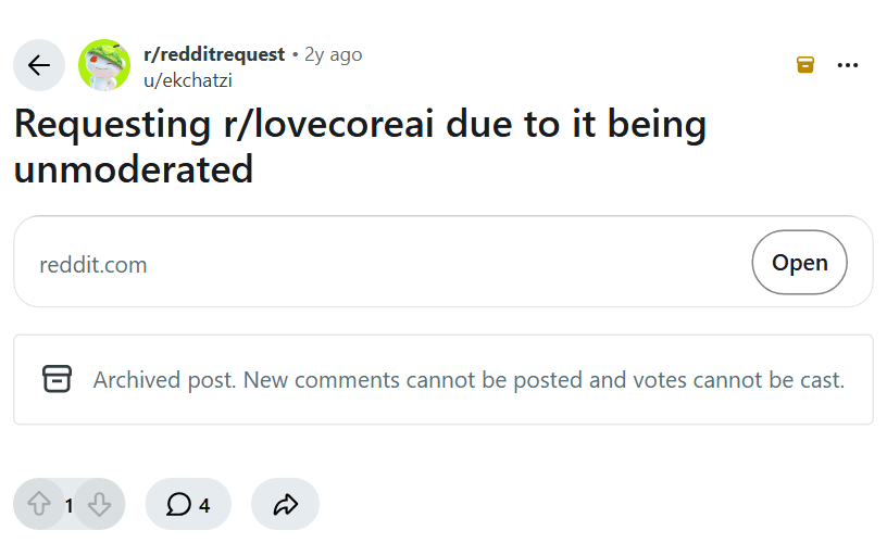Screenshot of the Reddit post "Requesting r/lovecoreai due to it being unmoderated"