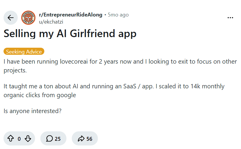 Screenshot of the Reddit post "Selling my AI Girlfriend app"