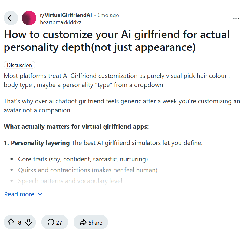 Screenshot of the Reddit post "How to customize your Ai girlfriend for actual personality depth(not just appearance)"