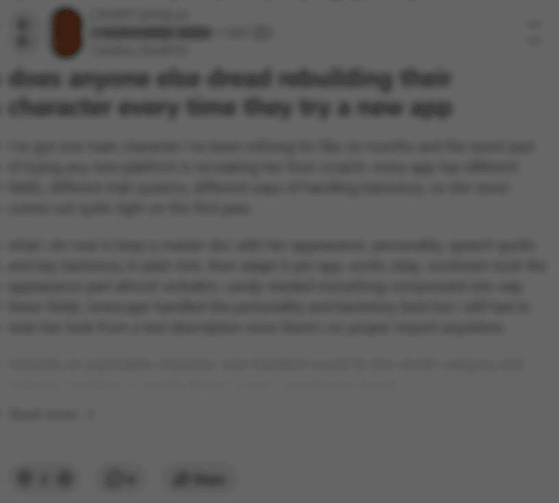 Screenshot of the Reddit post "does anyone else dread rebuilding their character every time they try a new app"