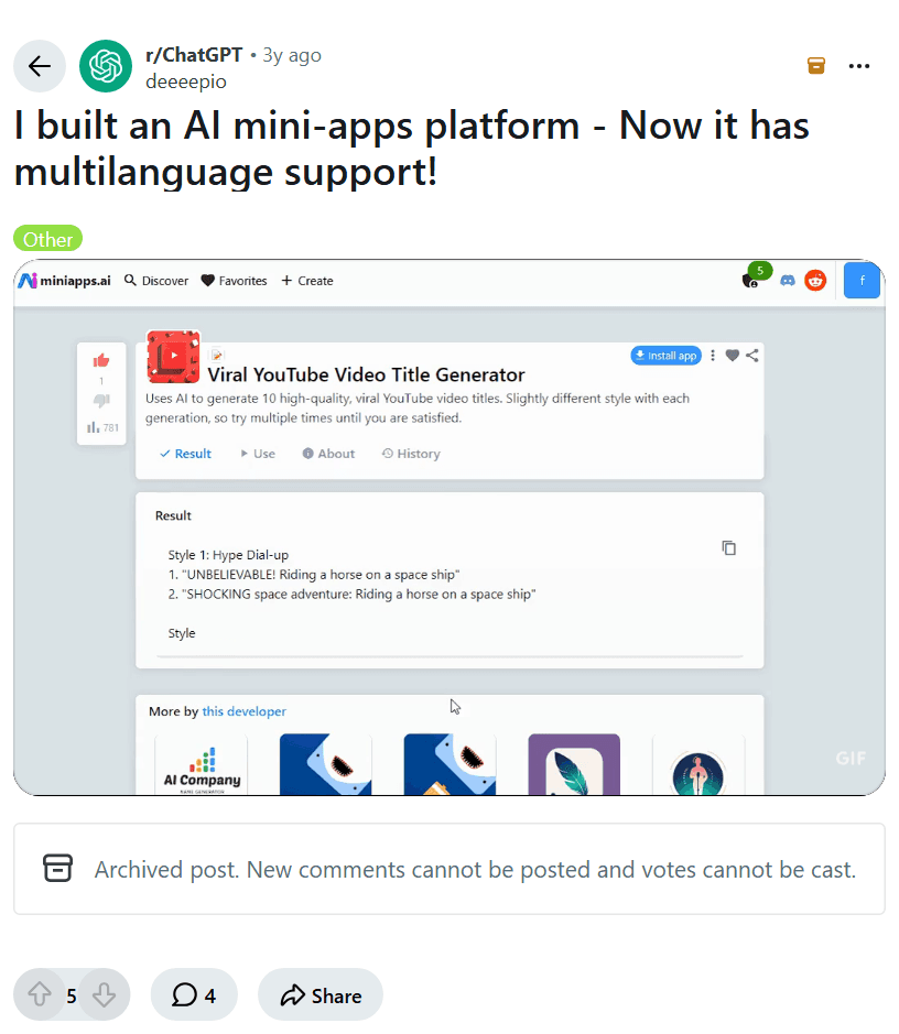 Screenshot of the Reddit post "I built an AI mini-apps platform - Now it has multilanguage support!"