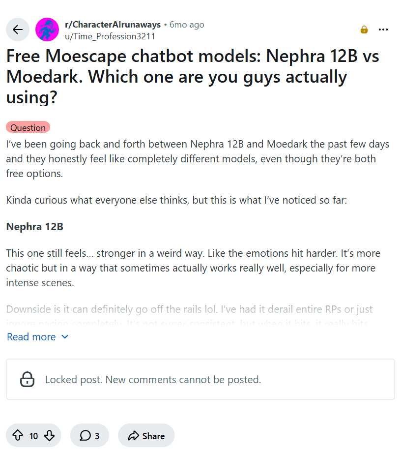 Screenshot of the Reddit post "Free Moescape chatbot models: Nephra 12B vs Moedark. Which one are you guys actually using?"