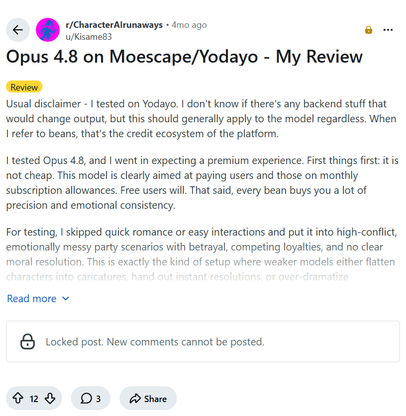 Screenshot of the Reddit post "Opus 4.8 on Moescape/Yodayo - My Review"