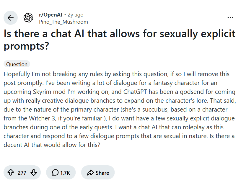 Screenshot of the Reddit post "Is there a chat AI that allows for sexually explicit prompts?"