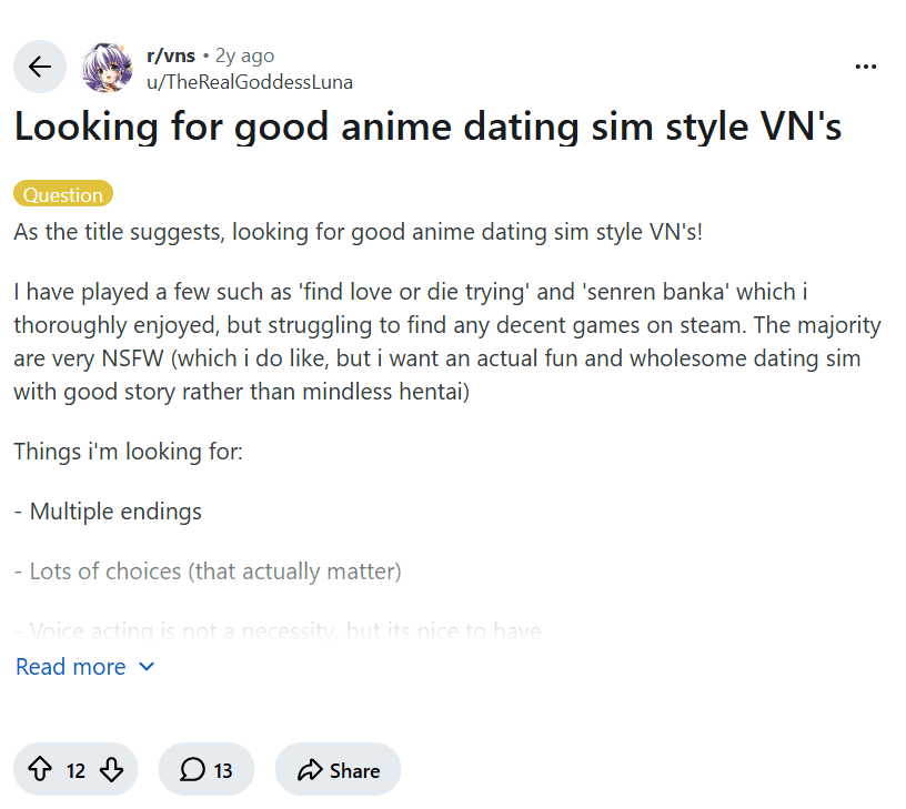 Screenshot of the Reddit post "Looking for good anime dating sim style VN's"