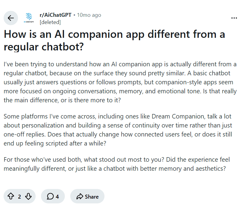 Screenshot of the Reddit post "How is an AI companion app different from a regular chatbot?"