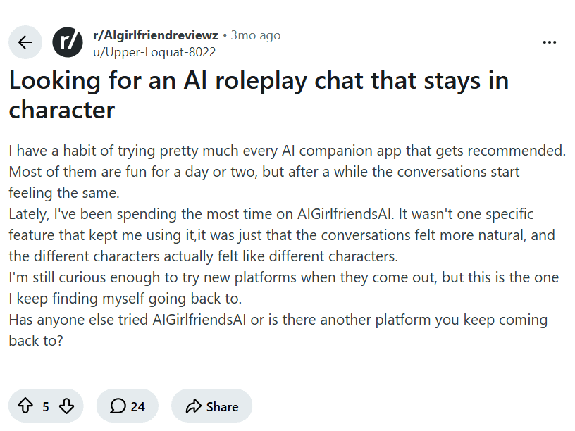 Screenshot of the Reddit post "Looking for an AI roleplay chat that stays in character"